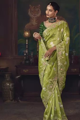 olive silk blend with heavy embroidery work wedding wear designer saree