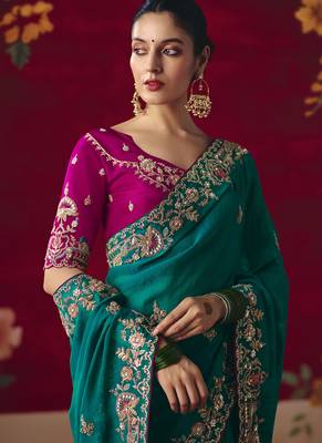 peacock green fancy saree with sequins dhaga & thread embroidered butti and designer blouse 4
