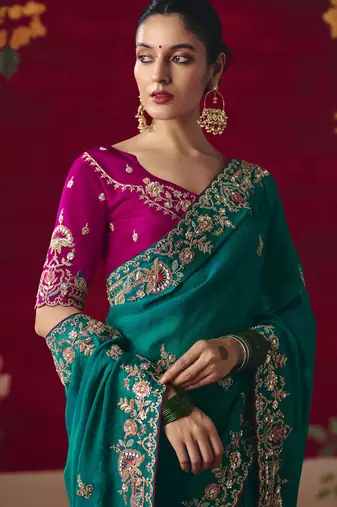peacock green fancy saree with sequins dhaga & thread embroidered butti and designer blouse
