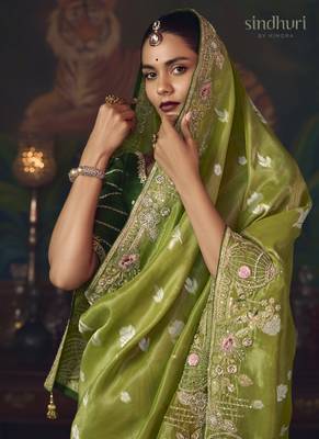 olive silk blend with heavy embroidery work wedding wear designer saree 3