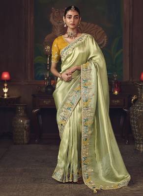 light pista silk blend with heavy embroidery work wedding wear designer saree 1