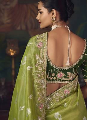olive silk blend with heavy embroidery work wedding wear designer saree 4