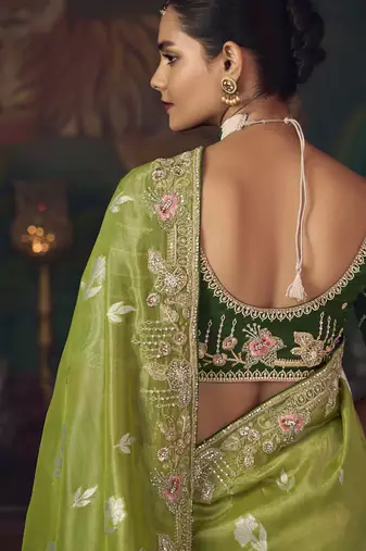 olive silk blend with heavy embroidery work wedding wear designer saree