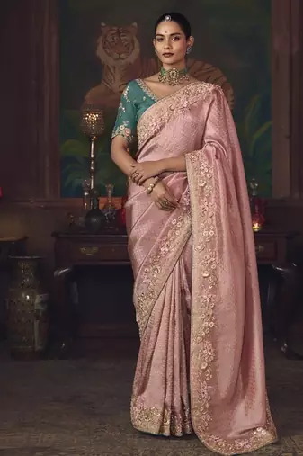baby pink silk blend with heavy embroidery work wedding wear designer saree