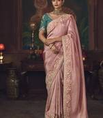 baby pink silk blend with heavy embroidery work wedding wear designer saree
