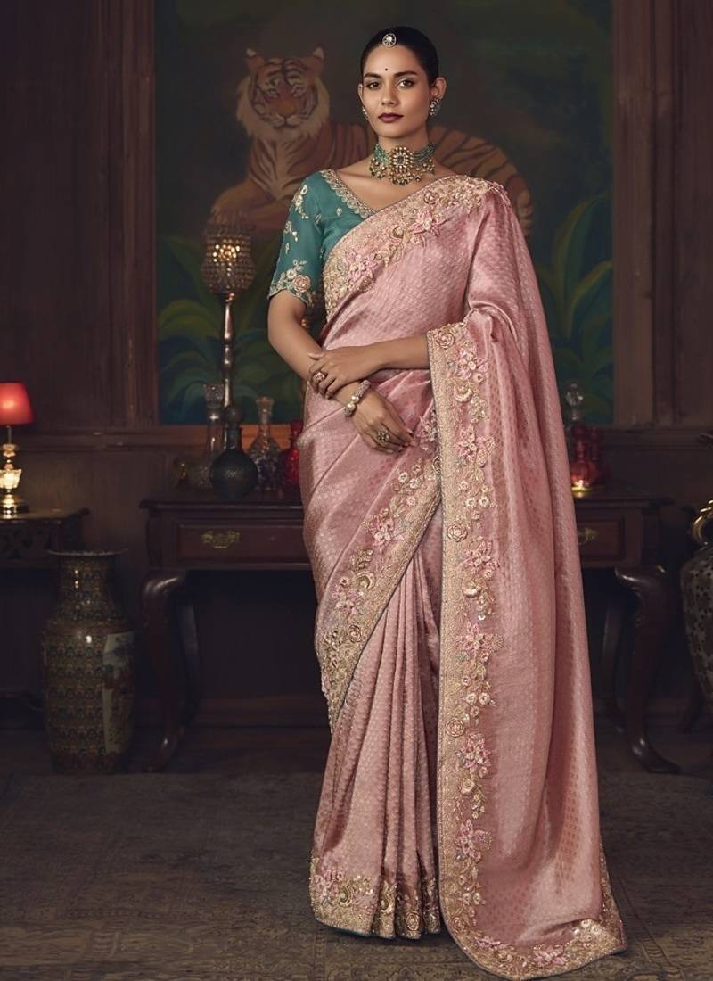 baby pink silk blend with heavy embroidery work wedding wear designer saree