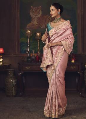 baby pink silk blend with heavy embroidery work wedding wear designer saree 2
