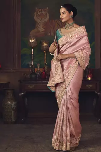 baby pink silk blend with heavy embroidery work wedding wear designer saree