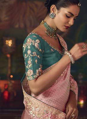 baby pink silk blend with heavy embroidery work wedding wear designer saree 3