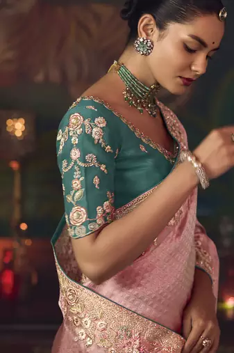 baby pink silk blend with heavy embroidery work wedding wear designer saree