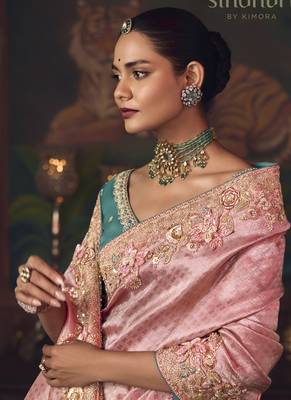 baby pink silk blend with heavy embroidery work wedding wear designer saree 4