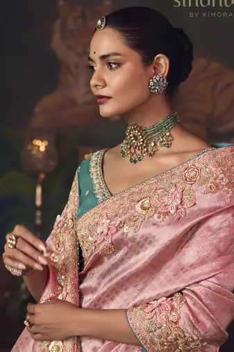 baby pink silk blend with heavy embroidery work wedding wear designer saree