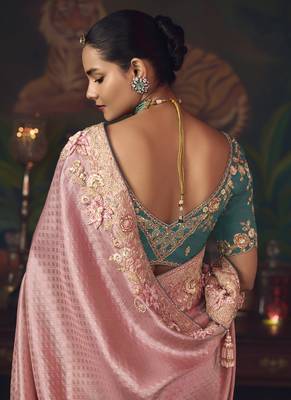 baby pink silk blend with heavy embroidery work wedding wear designer saree 5