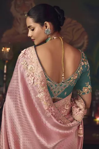 baby pink silk blend with heavy embroidery work wedding wear designer saree