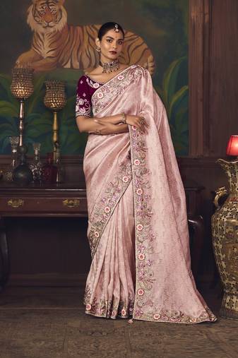 lavender silk blend with heavy embroidery work wedding wear designer saree