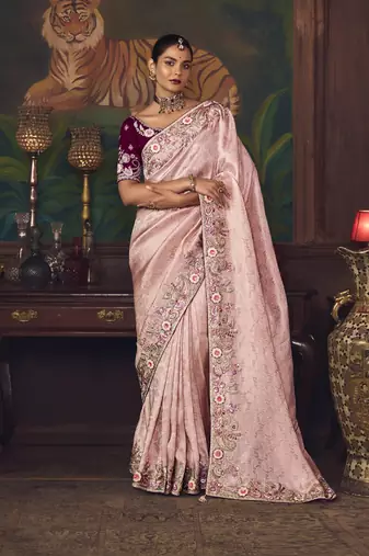 lavender silk blend with heavy embroidery work wedding wear designer saree