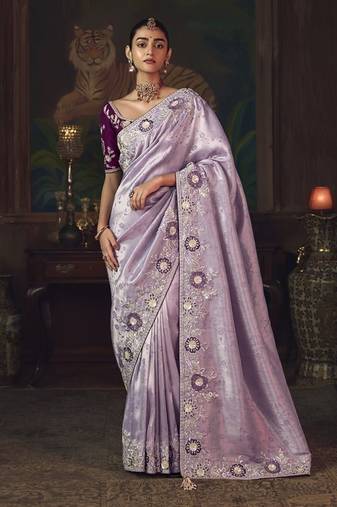 lavender silk blend with heavy embroidery work wedding wear designer saree