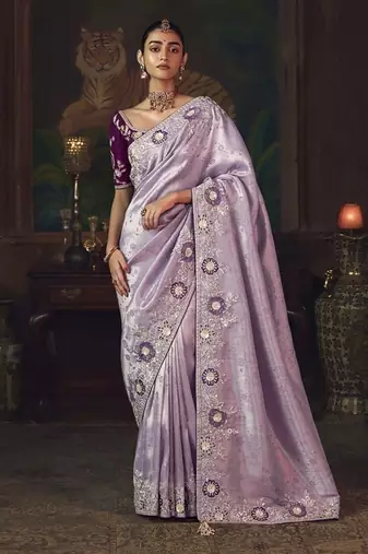 lavender silk blend with heavy embroidery work wedding wear designer saree