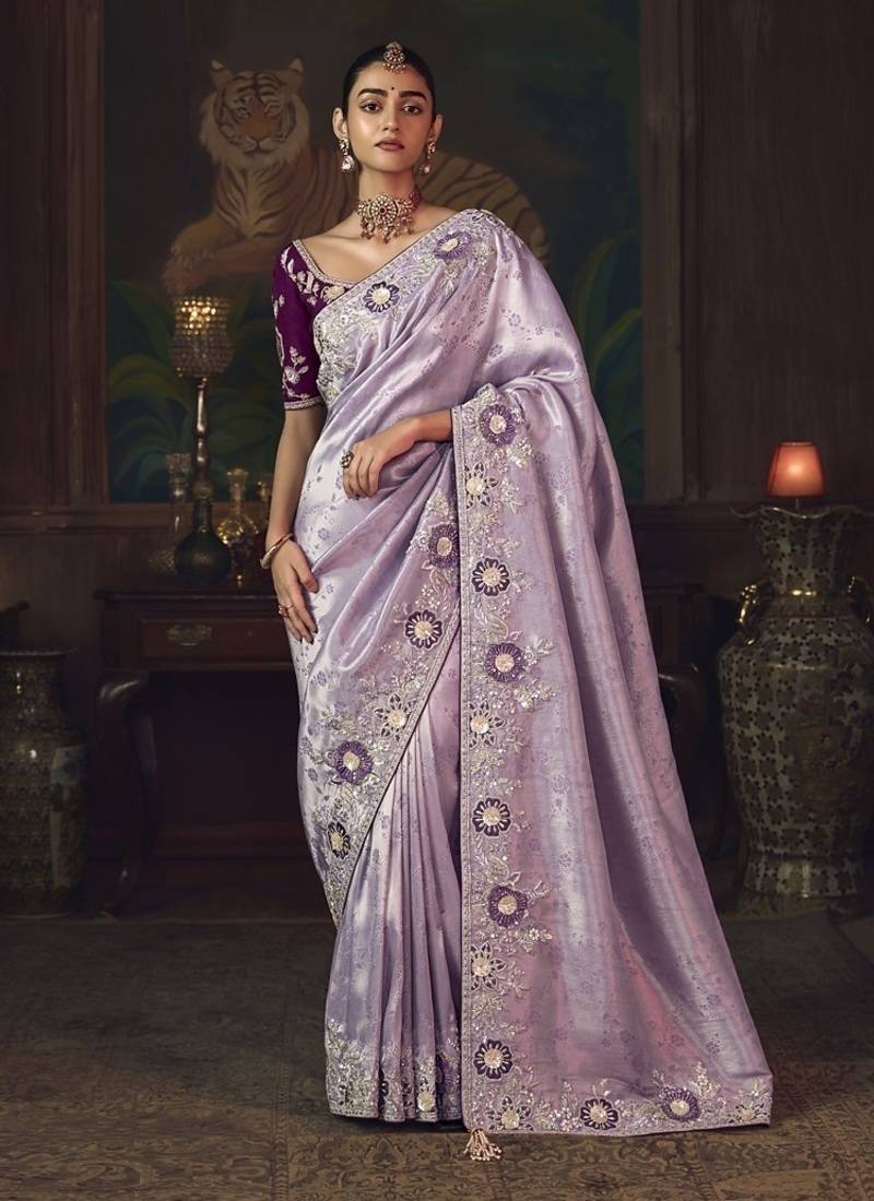 lavender silk blend with heavy embroidery work wedding wear designer saree