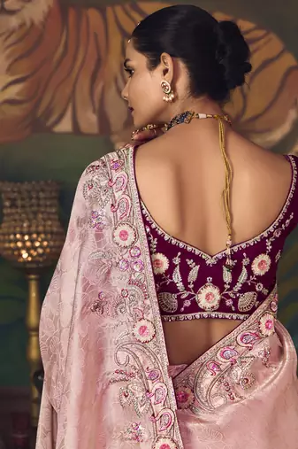 lavender silk blend with heavy embroidery work wedding wear designer saree