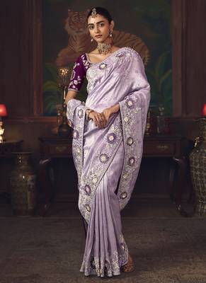 lavender silk blend with heavy embroidery work wedding wear designer saree 2