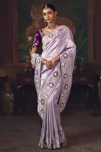 lavender silk blend with heavy embroidery work wedding wear designer saree