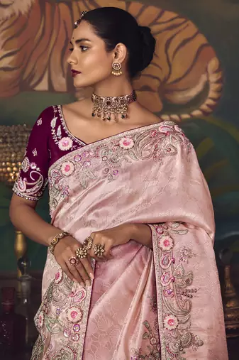 lavender silk blend with heavy embroidery work wedding wear designer saree