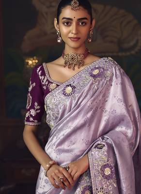 lavender silk blend with heavy embroidery work wedding wear designer saree 3