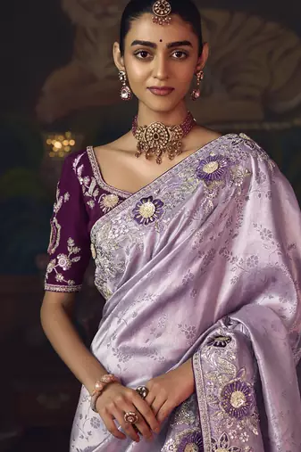 lavender silk blend with heavy embroidery work wedding wear designer saree