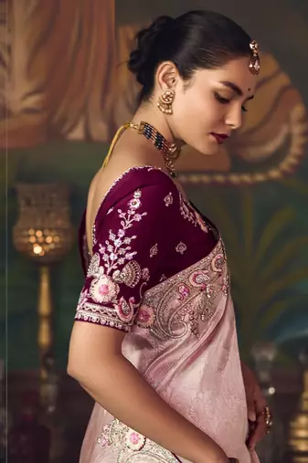 lavender silk blend with heavy embroidery work wedding wear designer saree