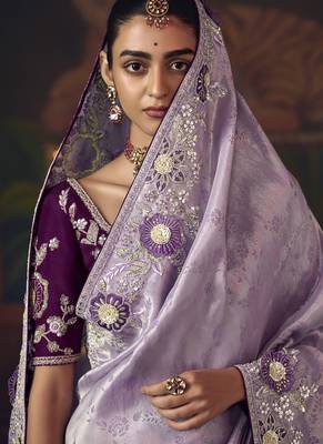 lavender silk blend with heavy embroidery work wedding wear designer saree 4