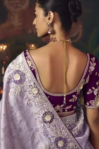 lavender silk blend with heavy embroidery work wedding wear designer saree