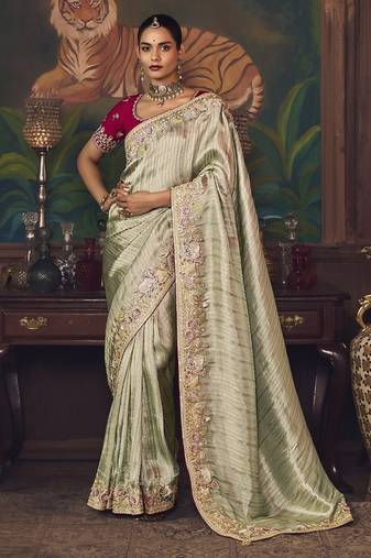 silver silk blend with heavy embroidery work wedding wear designer saree