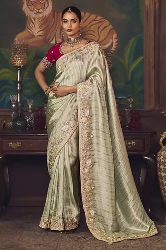 silver silk blend with heavy embroidery work wedding wear designer saree