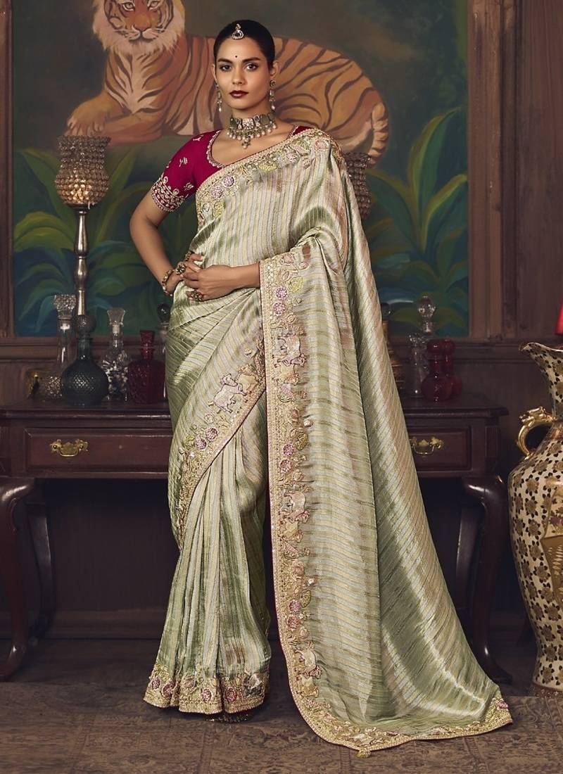 silver silk blend with heavy embroidery work wedding wear designer saree