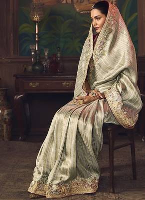 silver silk blend with heavy embroidery work wedding wear designer saree 2