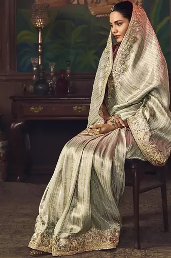 silver silk blend with heavy embroidery work wedding wear designer saree