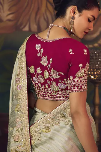 silver silk blend with heavy embroidery work wedding wear designer saree