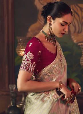 silver silk blend with heavy embroidery work wedding wear designer saree 4