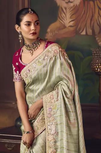 silver silk blend with heavy embroidery work wedding wear designer saree
