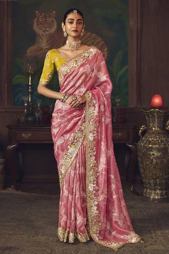 pink silk blend with heavy embroidery work wedding wear designer saree