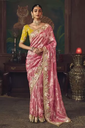 pink silk blend with heavy embroidery work wedding wear designer saree