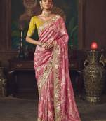 pink silk blend with heavy embroidery work wedding wear designer saree