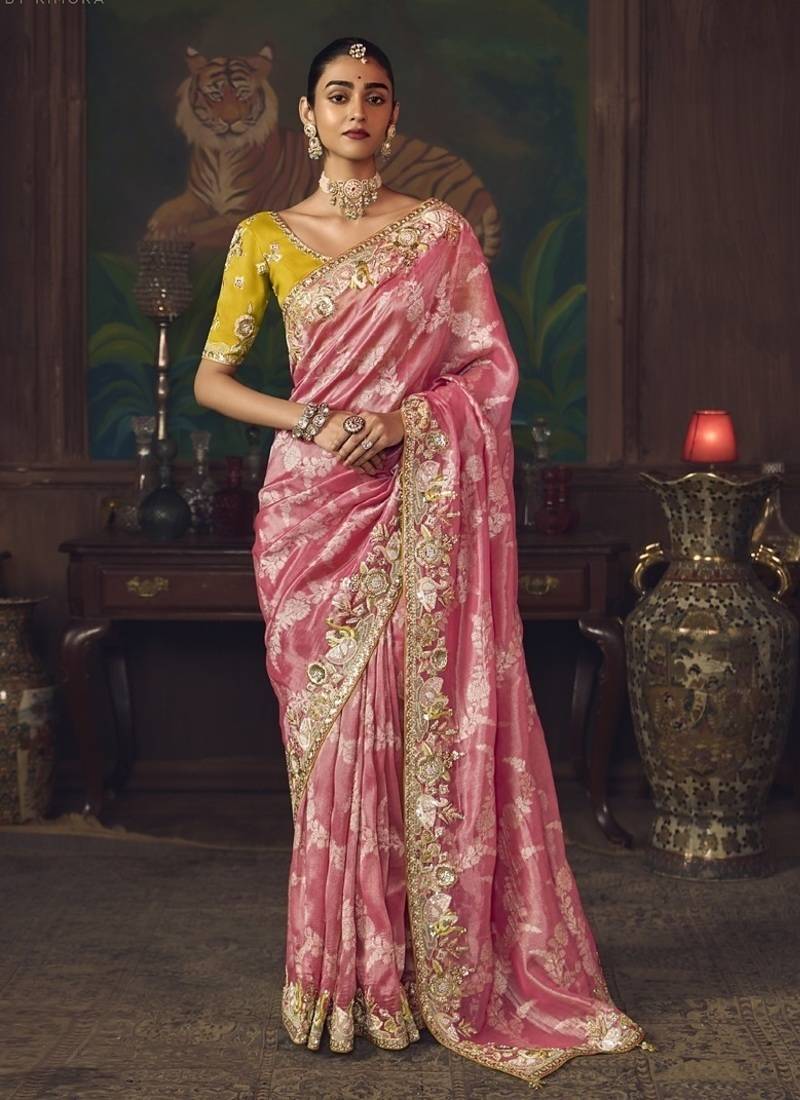 pink silk blend with heavy embroidery work wedding wear designer saree