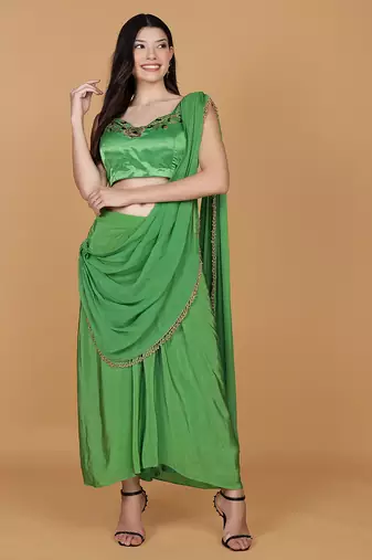 Leaf green crepe embroidered blouse with crepe drape skirt and georggette drape duppatta