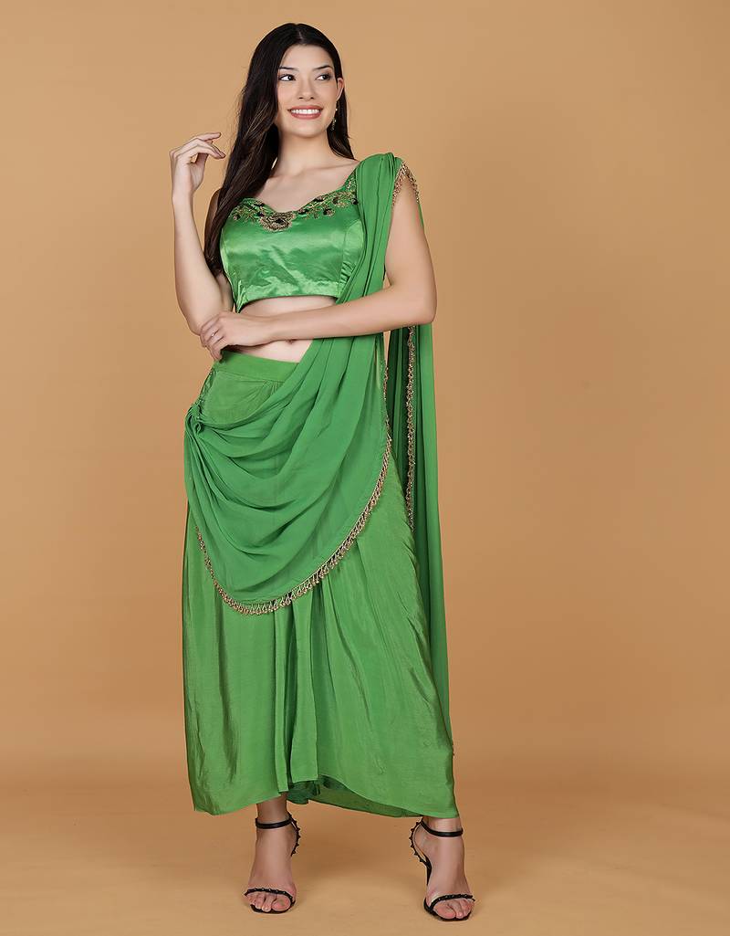 Leaf green crepe embroidered blouse with crepe drape skirt and georggette drape duppatta