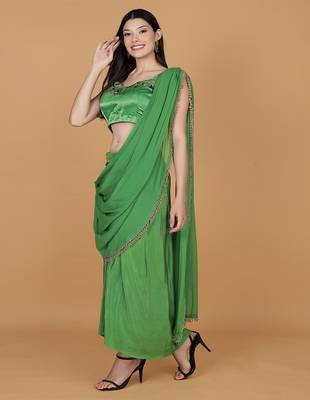 Leaf green crepe embroidered blouse with crepe drape skirt and georggette drape duppatta 2