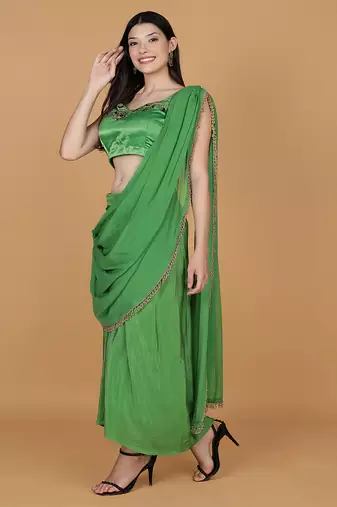 Leaf green crepe embroidered blouse with crepe drape skirt and georggette drape duppatta