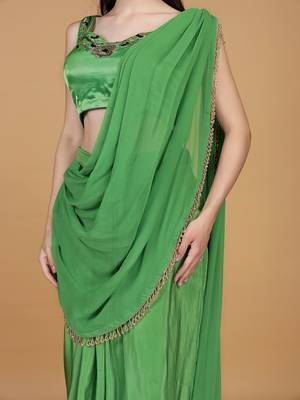 Leaf green crepe embroidered blouse with crepe drape skirt and georggette drape duppatta 3