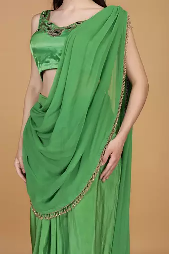 Leaf green crepe embroidered blouse with crepe drape skirt and georggette drape duppatta